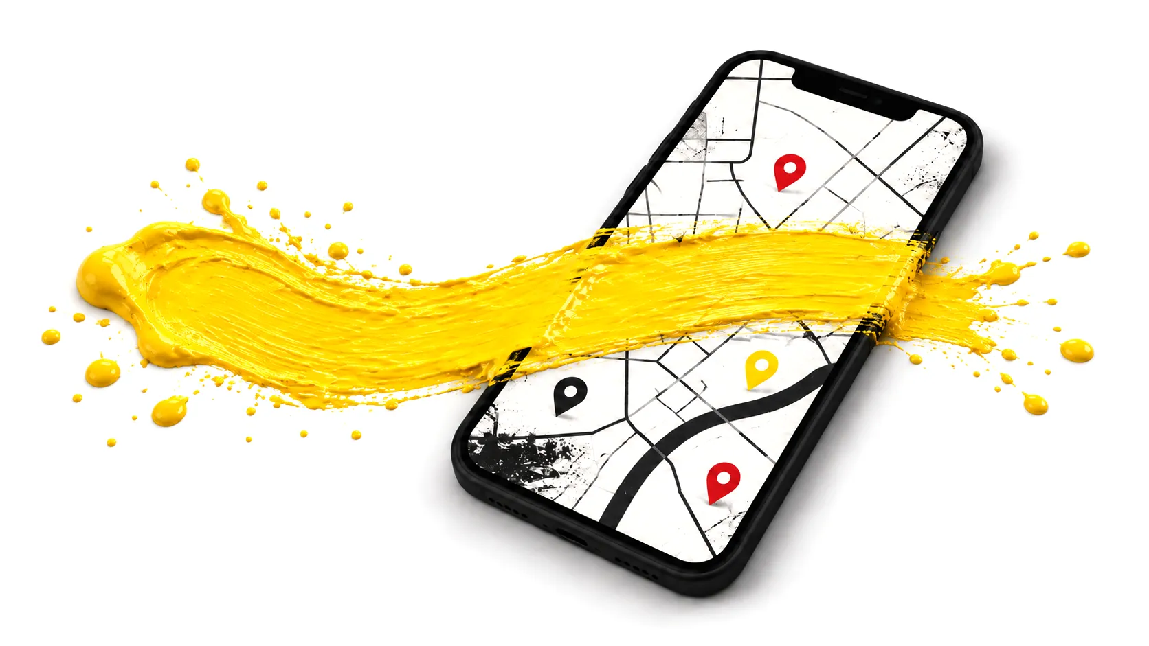 A phone showing a map with markers, a broad yellow brushstroke painted across it